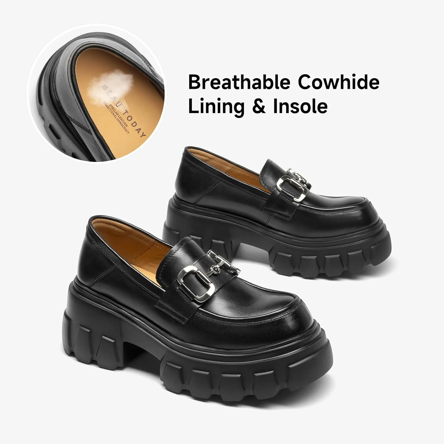 BEAU TODAY Platform Loafers for Women,Leather Chunky Loafers for Women,Heel Lug Sole Slip-on Breathable Horsebit Non-Slip Loafers for Work Business Casual