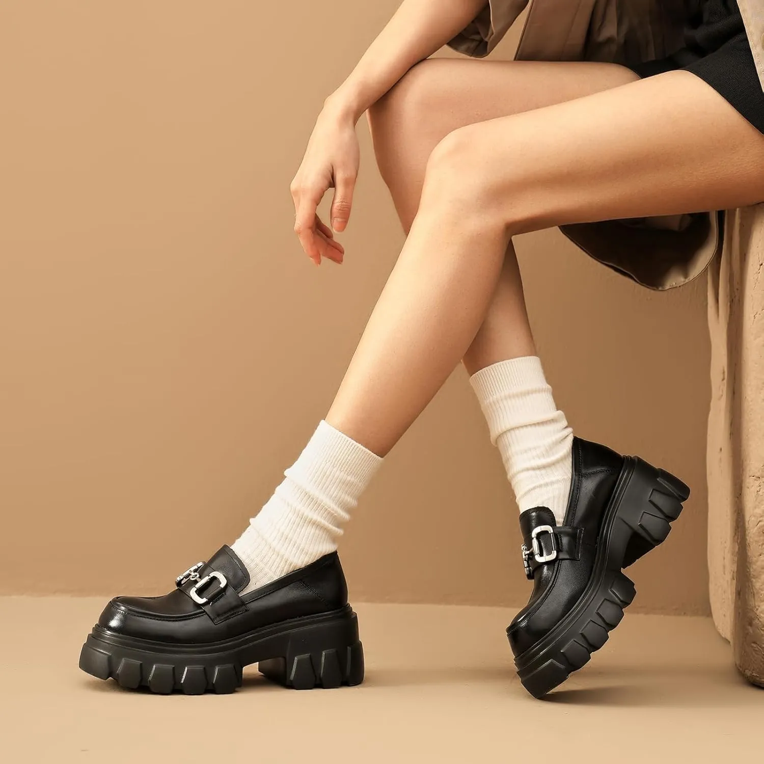 BEAU TODAY Platform Loafers for Women,Leather Chunky Loafers for Women,Heel Lug Sole Slip-on Breathable Horsebit Non-Slip Loafers for Work Business Casual