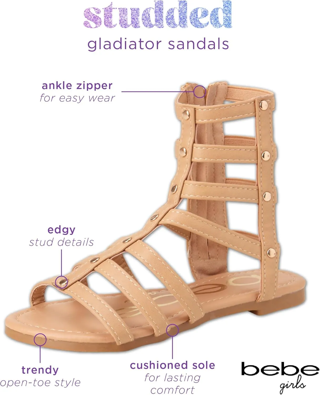 bebe Girls' Sandals - Open Toe Lightweight Summer Strappy Flat Gladiator Sandals with Ankle Zipper and Cushioned Sole