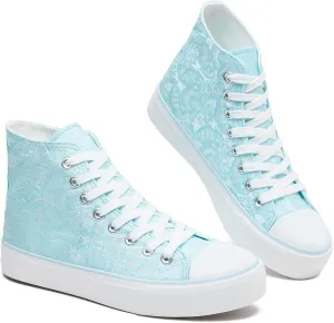BENPAO Women's High Top Canvas Sneakers, Floral Embroidered Fashion Tennis Shoes - White Breathable Casual Walking Shoes
