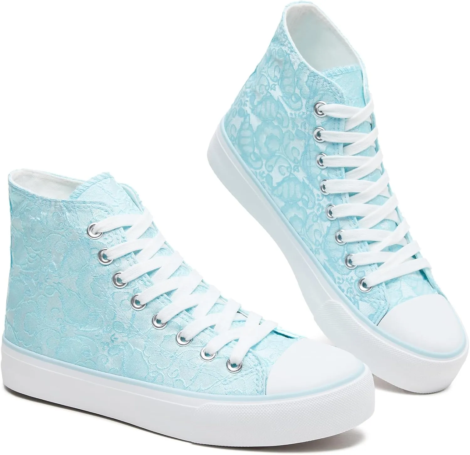 BENPAO Women's High Top Canvas Sneakers, Floral Embroidered Fashion Tennis Shoes - White Breathable Casual Walking Shoes