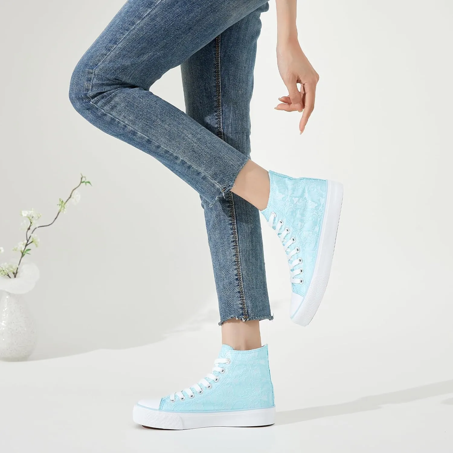 BENPAO Women's High Top Canvas Sneakers, Floral Embroidered Fashion Tennis Shoes - White Breathable Casual Walking Shoes