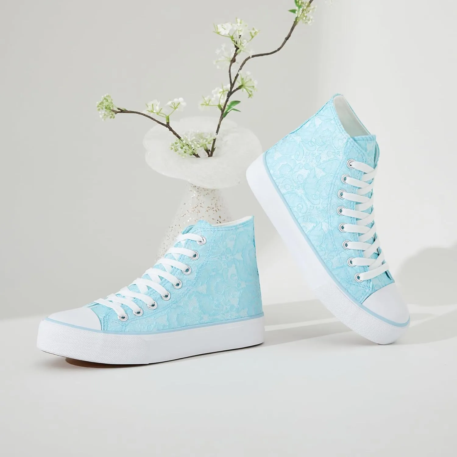 BENPAO Women's High Top Canvas Sneakers, Floral Embroidered Fashion Tennis Shoes - White Breathable Casual Walking Shoes