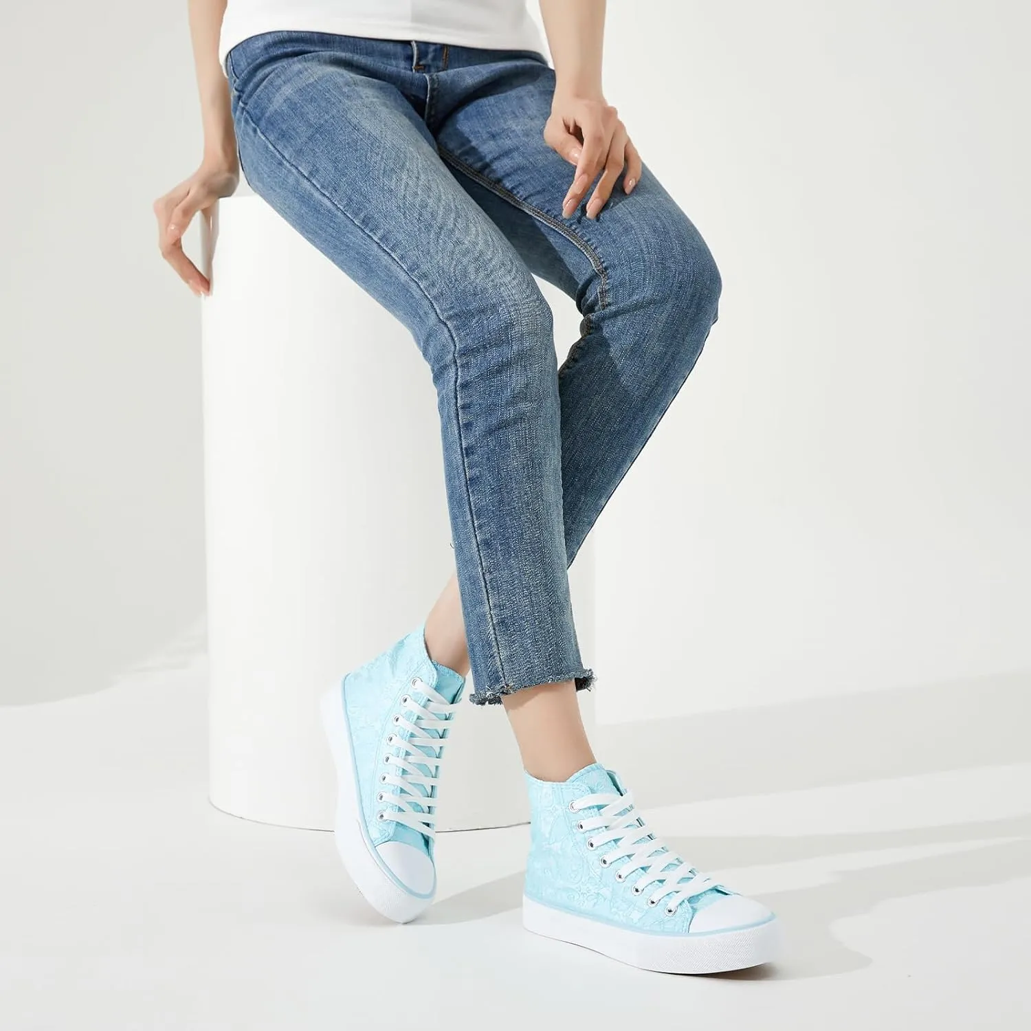 BENPAO Women's High Top Canvas Sneakers, Floral Embroidered Fashion Tennis Shoes - White Breathable Casual Walking Shoes