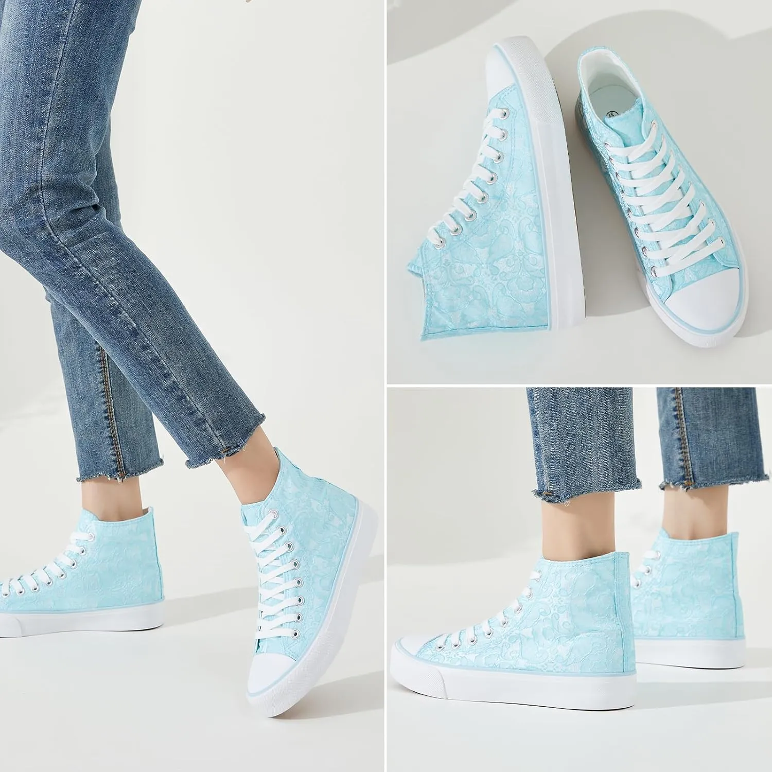 BENPAO Women's High Top Canvas Sneakers, Floral Embroidered Fashion Tennis Shoes - White Breathable Casual Walking Shoes