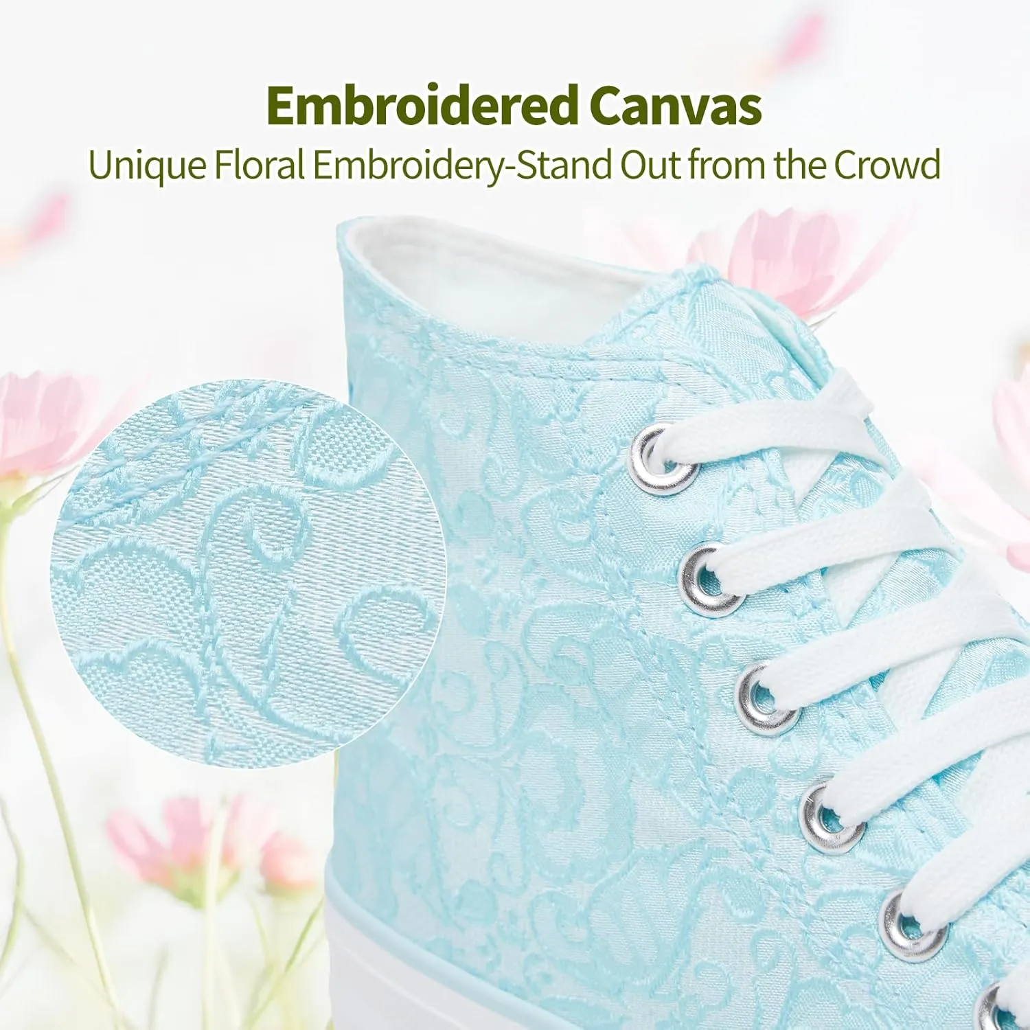 BENPAO Women's High Top Canvas Sneakers, Floral Embroidered Fashion Tennis Shoes - White Breathable Casual Walking Shoes