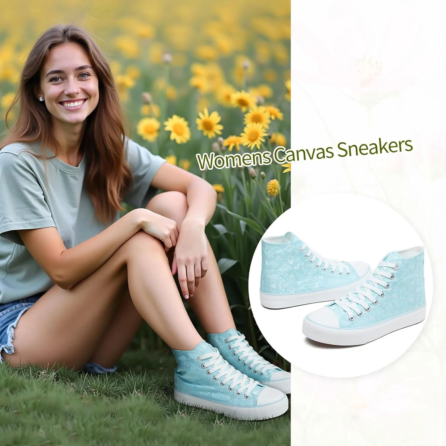 BENPAO Women's High Top Canvas Sneakers, Floral Embroidered Fashion Tennis Shoes - White Breathable Casual Walking Shoes