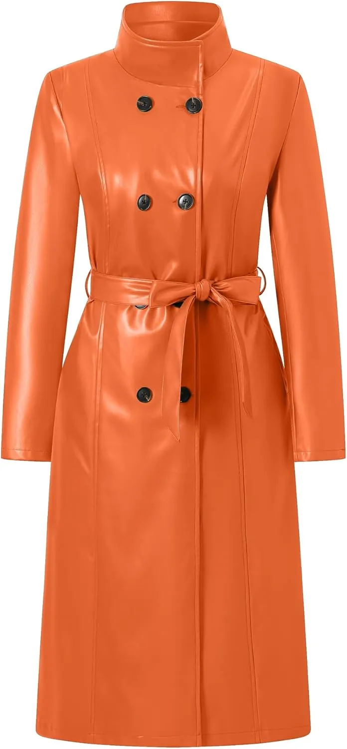 Betusline Womens Faux Leather Jacket Casual Lapel Long PU Trench Coat Outerwear with Belt
