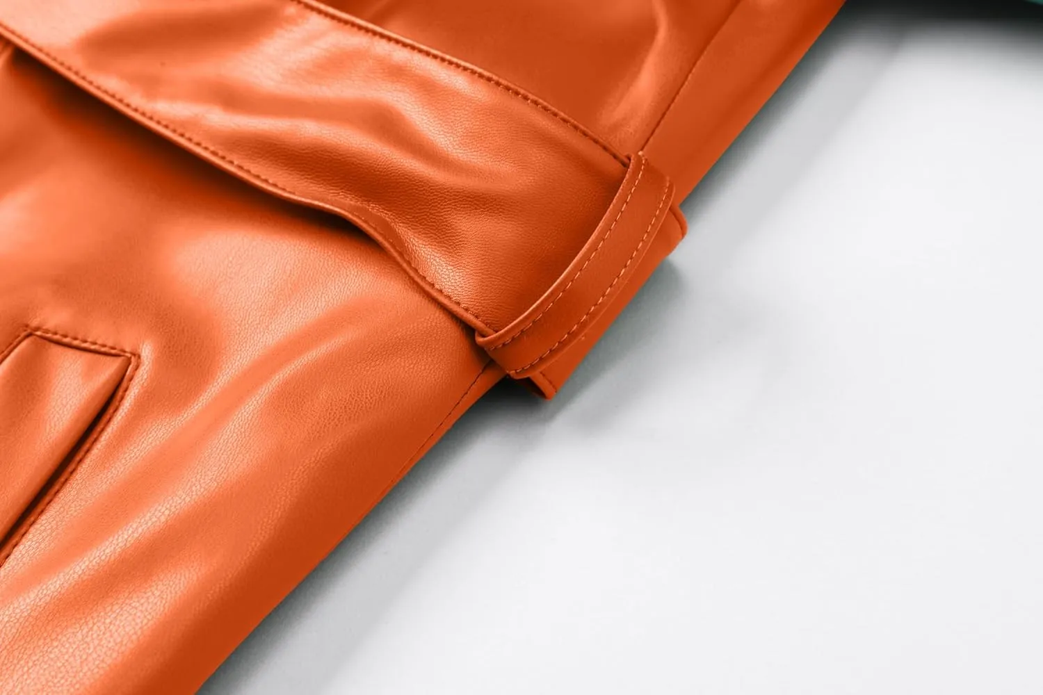 Betusline Womens Faux Leather Jacket Casual Lapel Long PU Trench Coat Outerwear with Belt