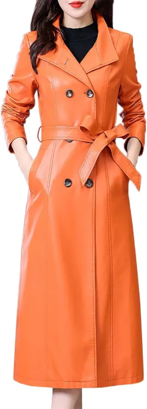 Betusline Womens Faux Leather Jacket Casual Lapel Long PU Trench Coat Outerwear with Belt