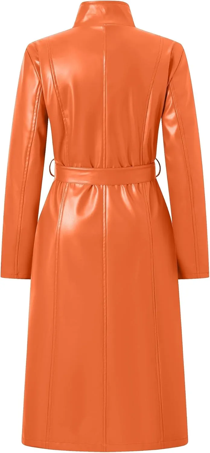 Betusline Womens Faux Leather Jacket Casual Lapel Long PU Trench Coat Outerwear with Belt
