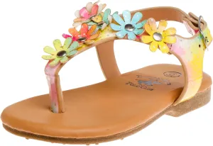 Beverly Hills Polo Club Girl's Leatherette T-Strap Slingback with Flowers Appliques Flat Sandal (Toddler)