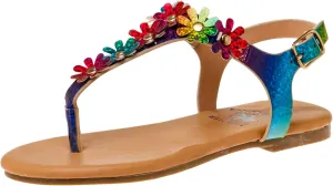 Beverly Hills Polo Club Girl's Leatherette T-Strap Slingback with Flowers Appliques Flat Sandal (Toddler)
