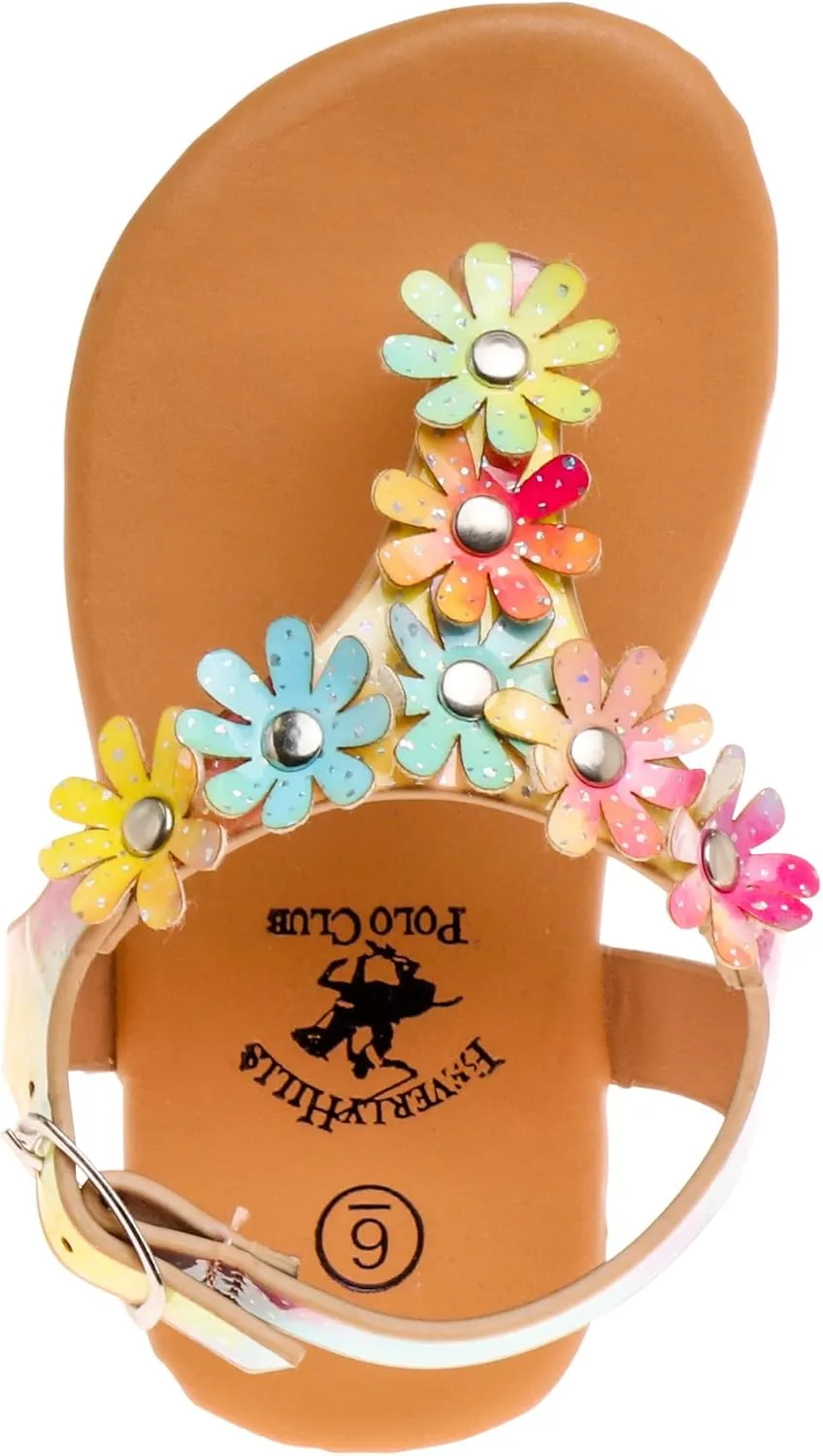Beverly Hills Polo Club Girl's Leatherette T-Strap Slingback with Flowers Appliques Flat Sandal (Toddler)