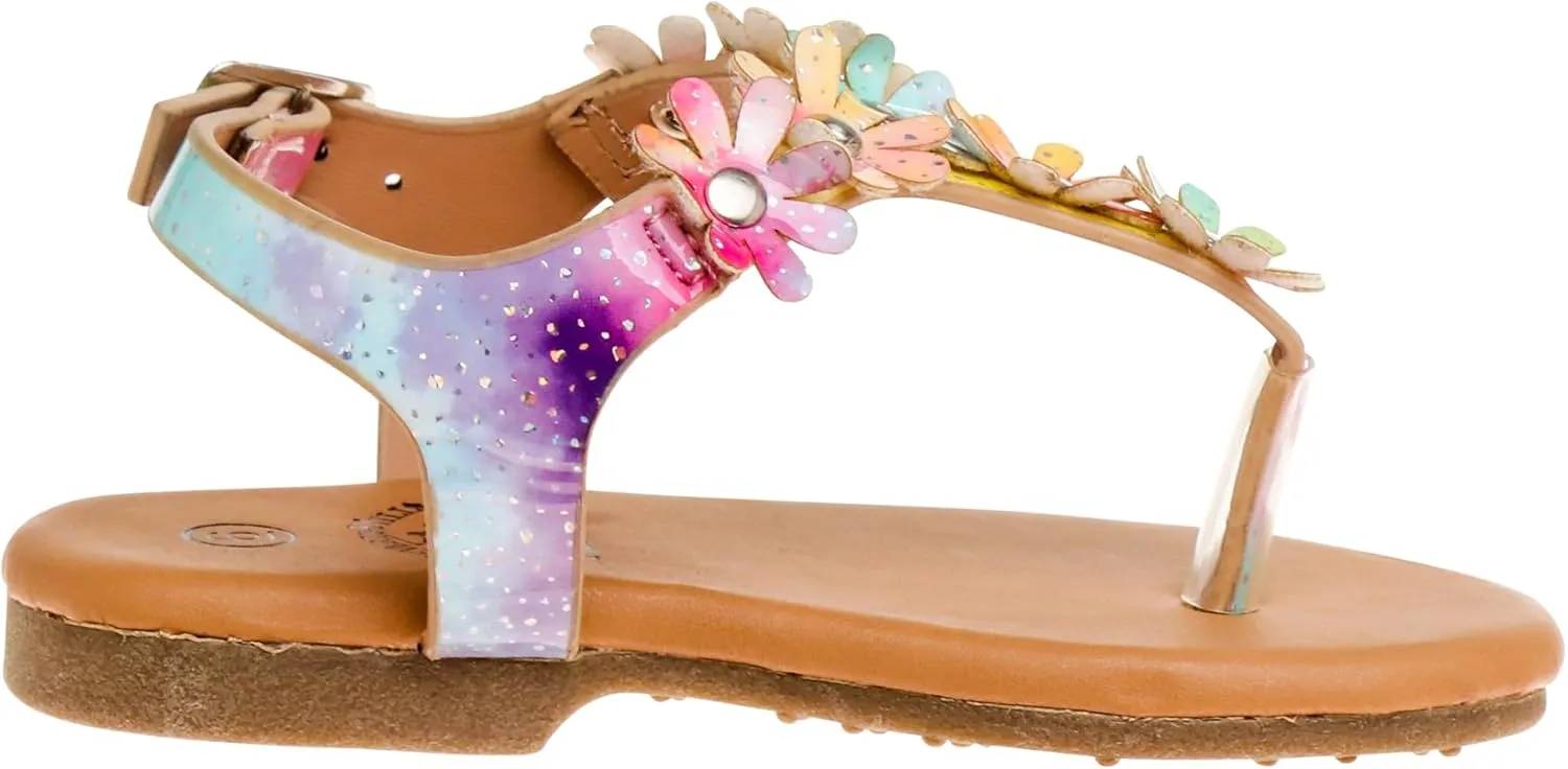 Beverly Hills Polo Club Girl's Leatherette T-Strap Slingback with Flowers Appliques Flat Sandal (Toddler)
