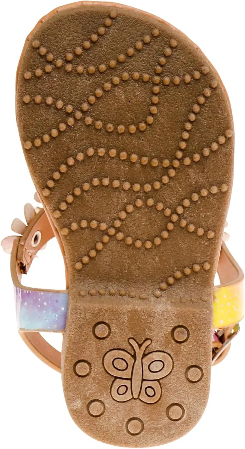 Beverly Hills Polo Club Girl's Leatherette T-Strap Slingback with Flowers Appliques Flat Sandal (Toddler)