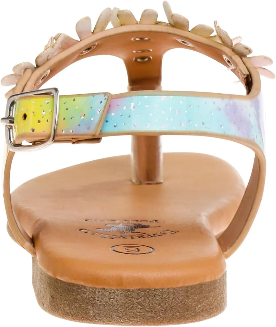 Beverly Hills Polo Club Girl's Leatherette T-Strap Slingback with Flowers Appliques Flat Sandal (Toddler)