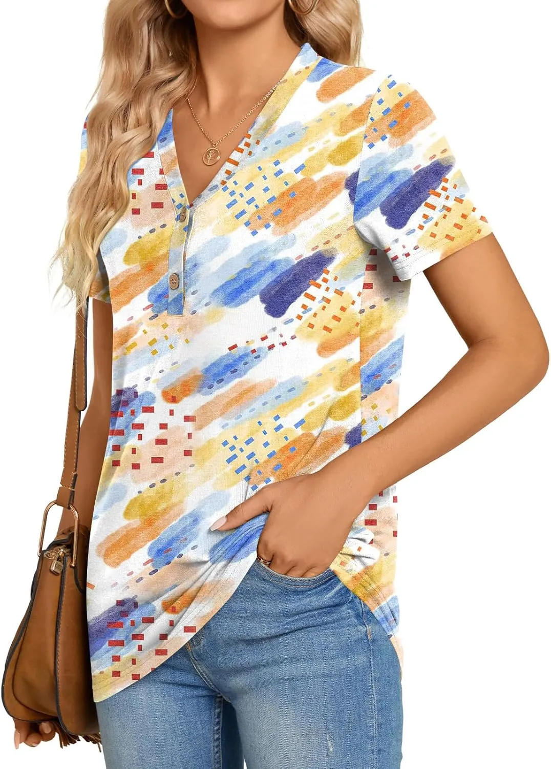BISHUIGE Womens Henley Tunic Tops Button Up Tshirts Short Sleeve Vneck Casual Blouses