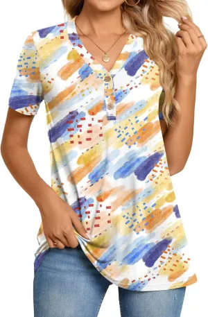 BISHUIGE Womens Henley Tunic Tops Button Up Tshirts Short Sleeve Vneck Casual Blouses