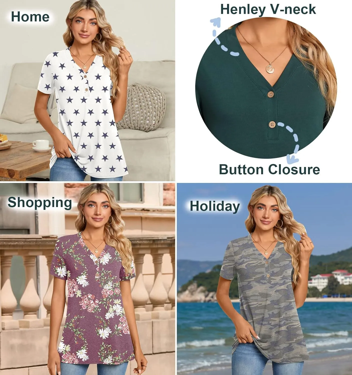 BISHUIGE Womens Henley Tunic Tops Button Up Tshirts Short Sleeve Vneck Casual Blouses