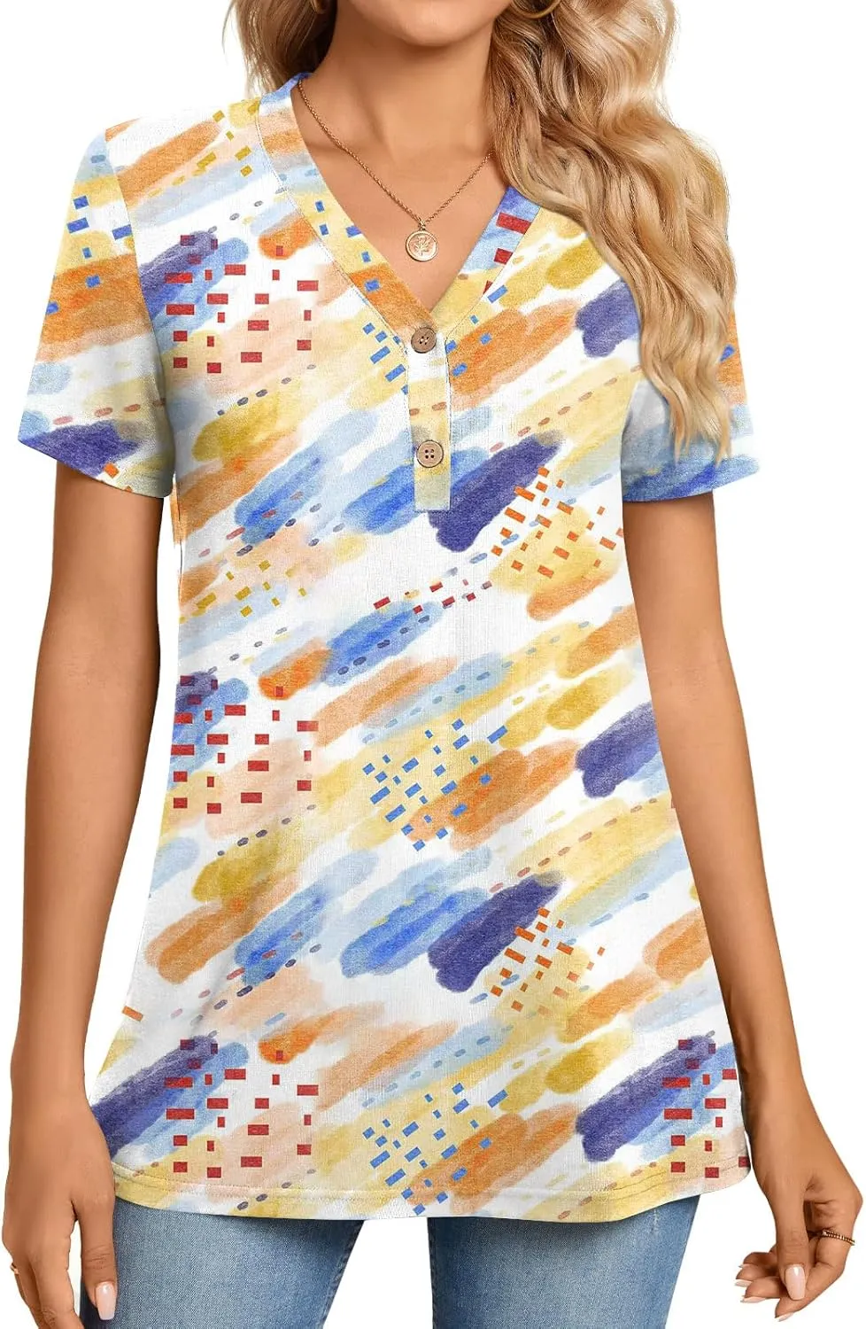 BISHUIGE Womens Henley Tunic Tops Button Up Tshirts Short Sleeve Vneck Casual Blouses