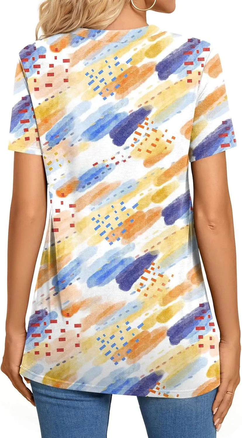 BISHUIGE Womens Henley Tunic Tops Button Up Tshirts Short Sleeve Vneck Casual Blouses