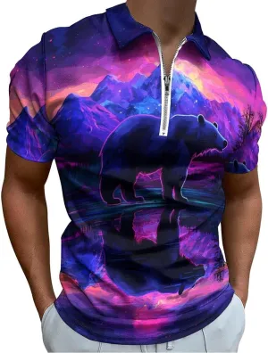 Black Bear Forests Short Sleeve Polo Shirt Slim Fit Tops Casual Workout Golf T Shirt Zippered Tees for Men