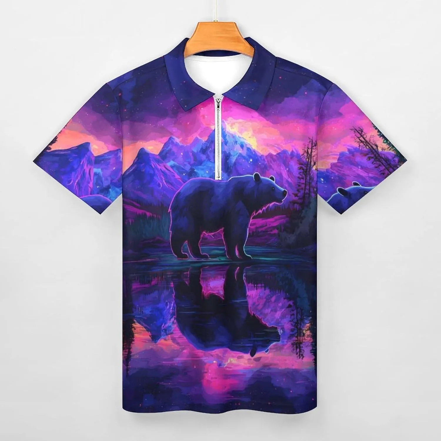 Black Bear Forests Short Sleeve Polo Shirt Slim Fit Tops Casual Workout Golf T Shirt Zippered Tees for Men
