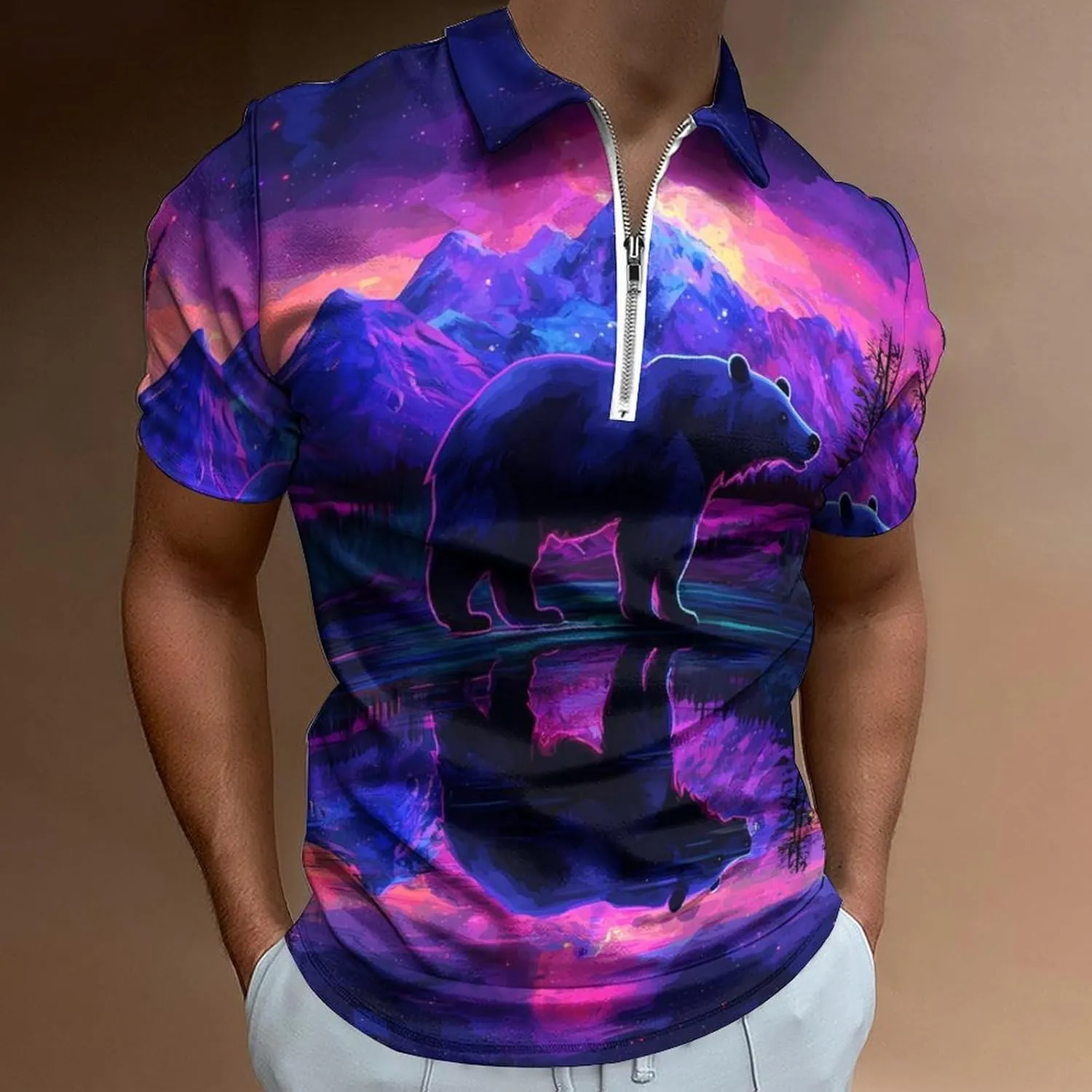 Black Bear Forests Short Sleeve Polo Shirt Slim Fit Tops Casual Workout Golf T Shirt Zippered Tees for Men