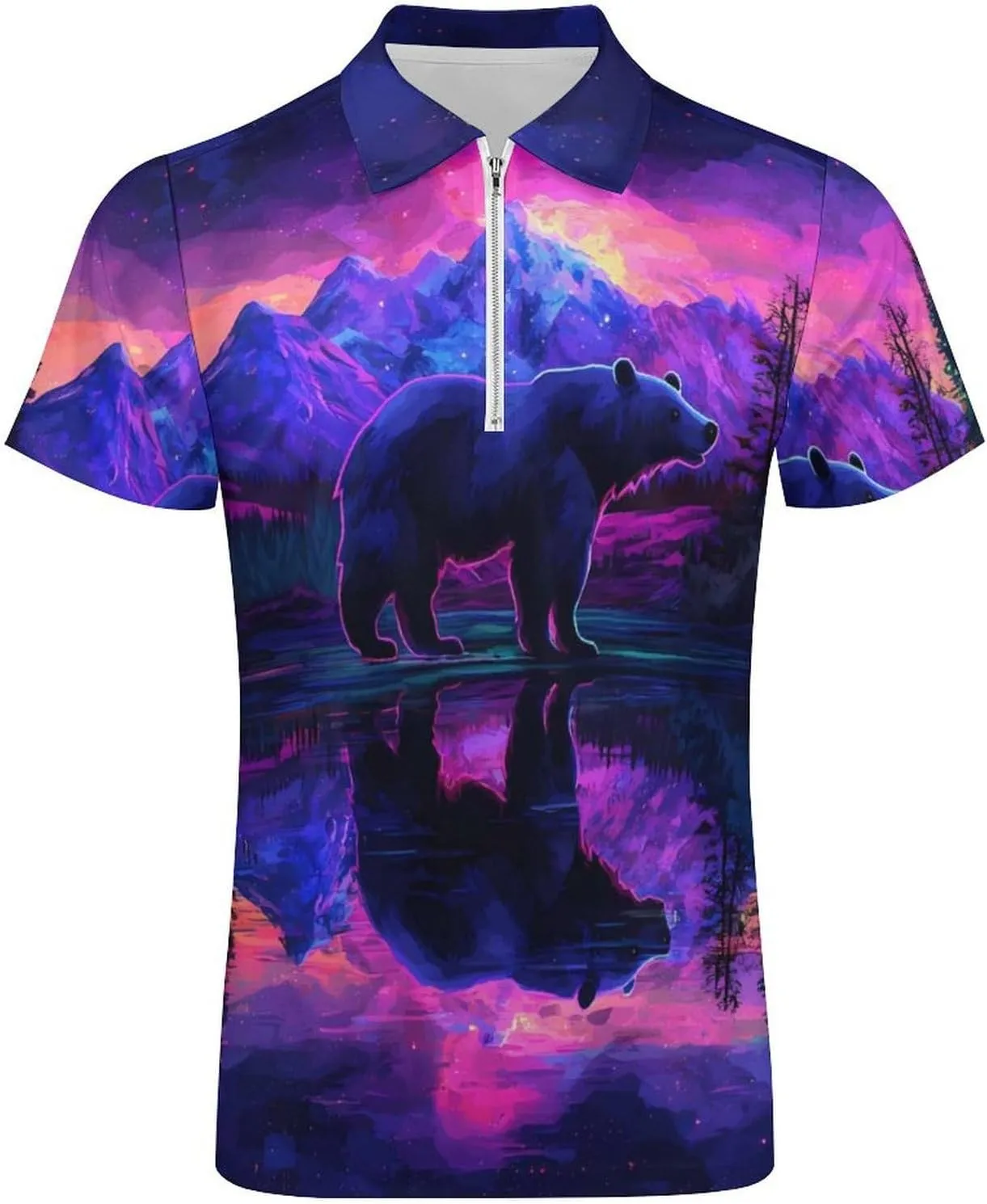 Black Bear Forests Short Sleeve Polo Shirt Slim Fit Tops Casual Workout Golf T Shirt Zippered Tees for Men