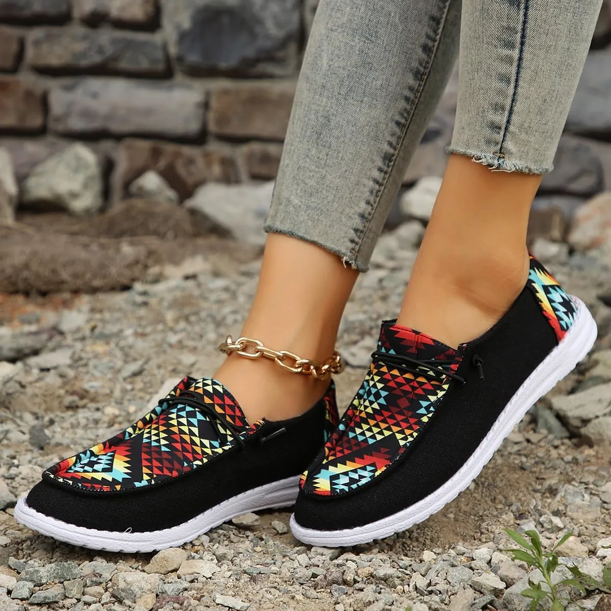 Black Geometric Print Sneakers – Colorful Pattern Casual Shoes with Non-Slip White Sole – Trendy Breathable Walking Shoes for Men & Women