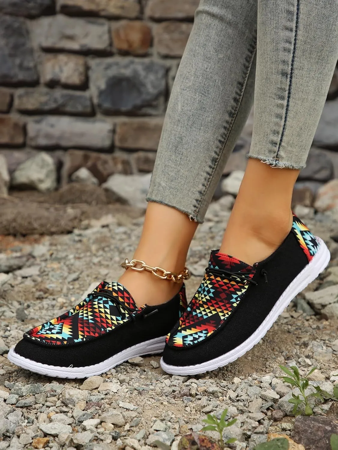 Black Geometric Print Sneakers – Colorful Pattern Casual Shoes with Non-Slip White Sole – Trendy Breathable Walking Shoes for Men & Women