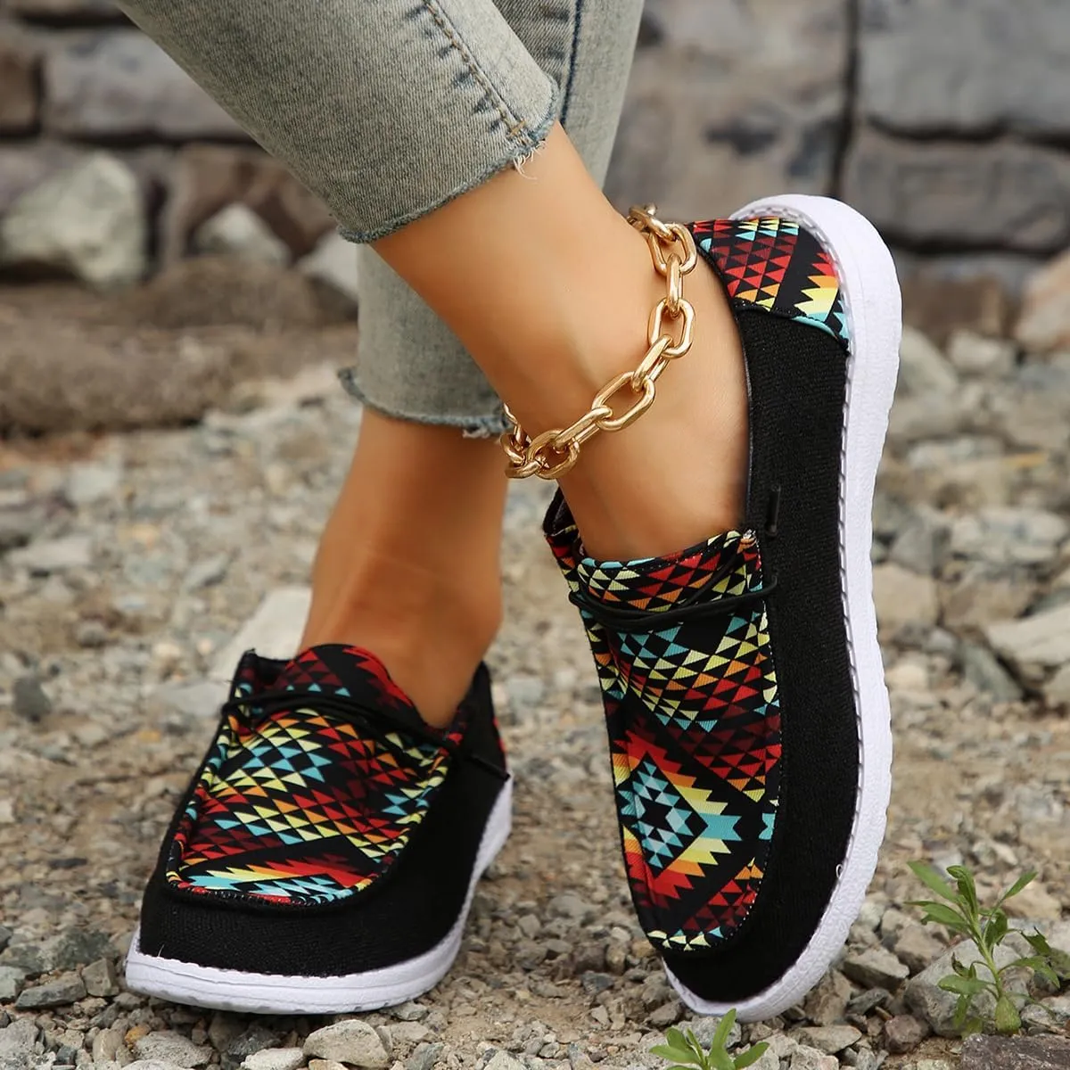 Black Geometric Print Sneakers – Colorful Pattern Casual Shoes with Non-Slip White Sole – Trendy Breathable Walking Shoes for Men & Women