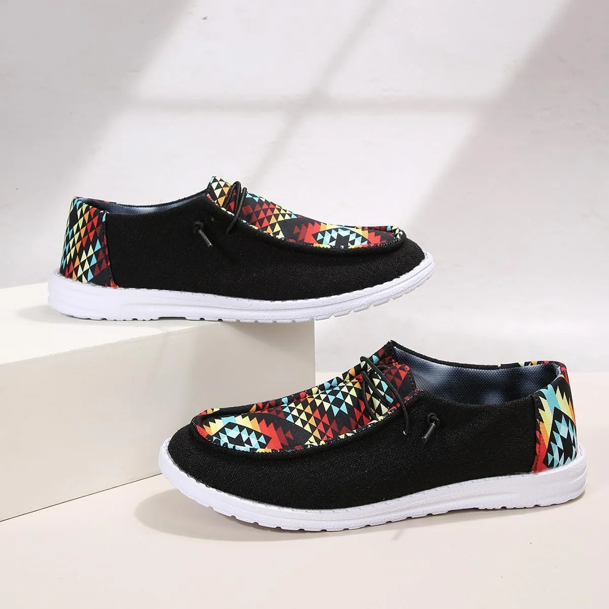 Black Geometric Print Sneakers – Colorful Pattern Casual Shoes with Non-Slip White Sole – Trendy Breathable Walking Shoes for Men & Women