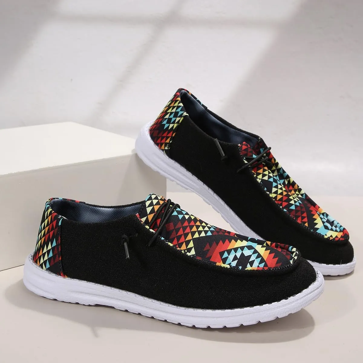 Black Geometric Print Sneakers – Colorful Pattern Casual Shoes with Non-Slip White Sole – Trendy Breathable Walking Shoes for Men & Women