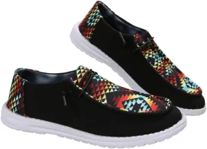 Black Geometric Print Sneakers – Colorful Pattern Casual Shoes with Non-Slip White Sole – Trendy Breathable Walking Shoes for Men & Women