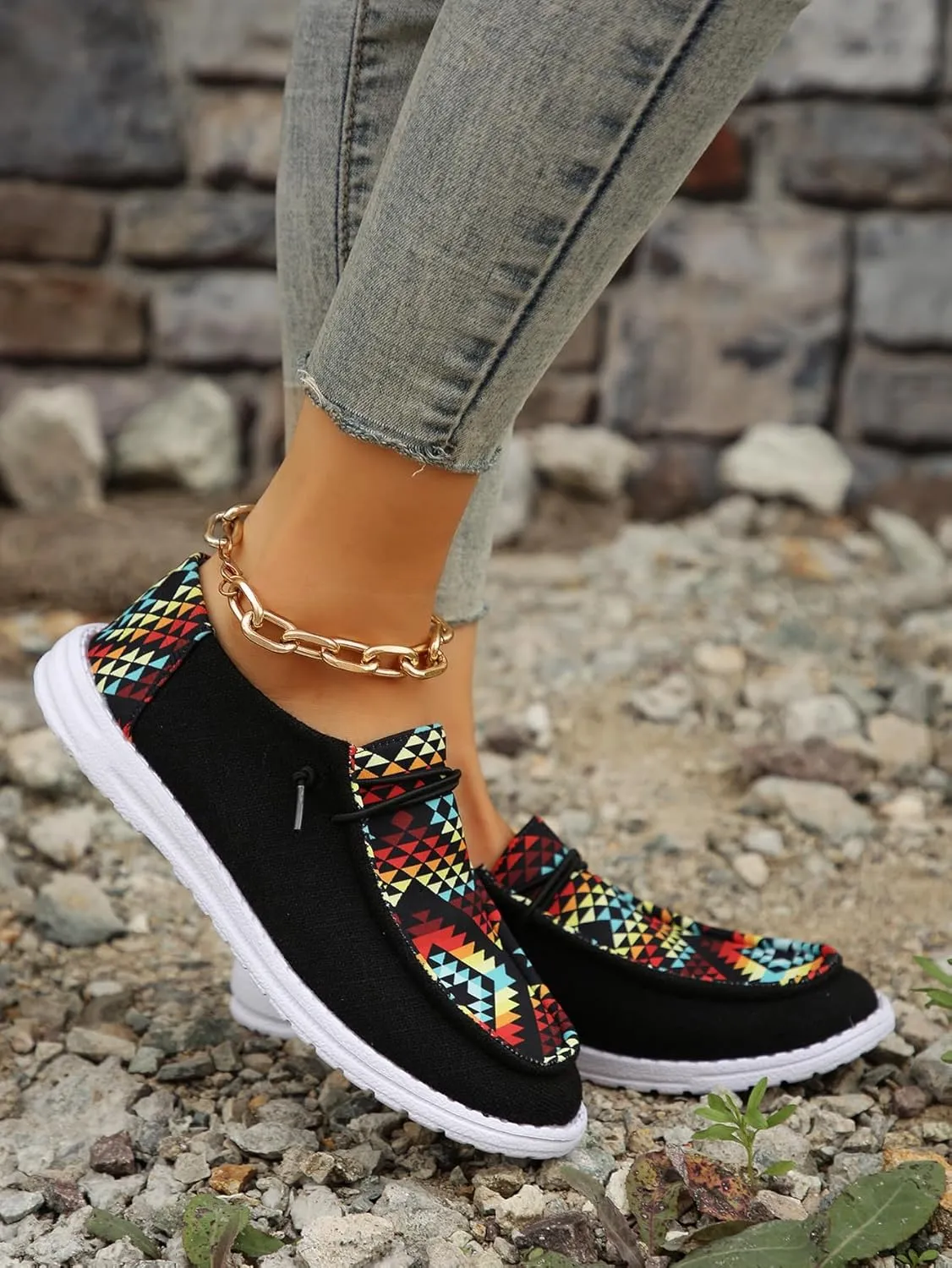 Black Geometric Print Sneakers – Colorful Pattern Casual Shoes with Non-Slip White Sole – Trendy Breathable Walking Shoes for Men & Women