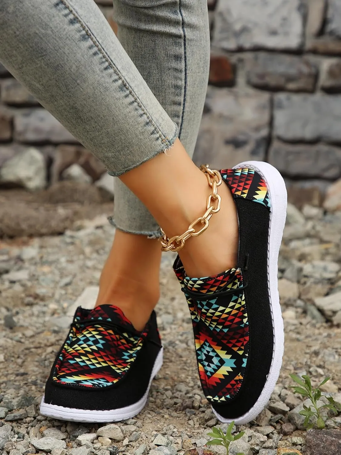 Black Geometric Print Sneakers – Colorful Pattern Casual Shoes with Non-Slip White Sole – Trendy Breathable Walking Shoes for Men & Women