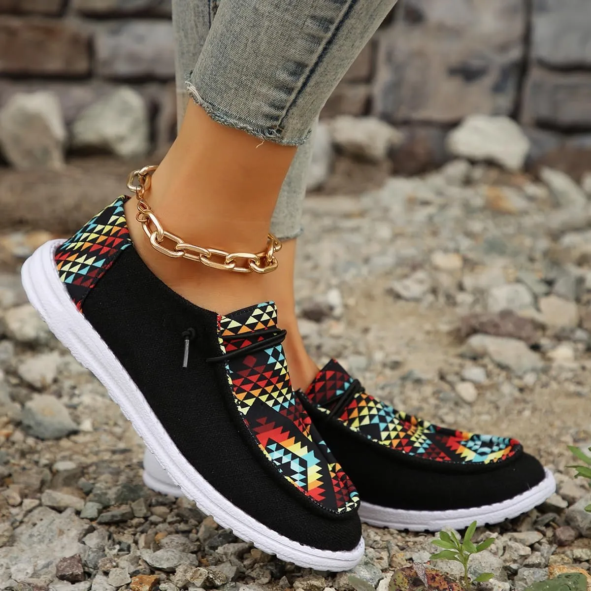 Black Geometric Print Sneakers – Colorful Pattern Casual Shoes with Non-Slip White Sole – Trendy Breathable Walking Shoes for Men & Women