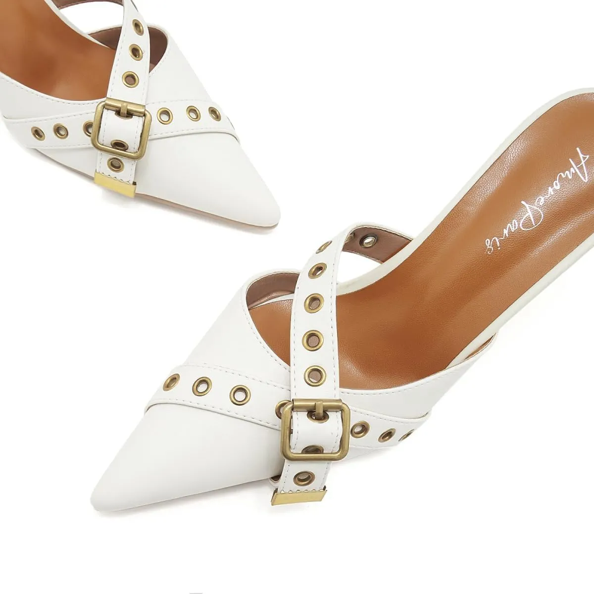 Black Kitten Heels for Women Pointed Toe Leather Buckled Strap Vintage Heel Mules Studded Dressy Stiletto Heels Pumps Slip on Heeled Sandals