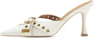 Black Kitten Heels for Women Pointed Toe Leather Buckled Strap Vintage Heel Mules Studded Dressy Stiletto Heels Pumps Slip on Heeled Sandals