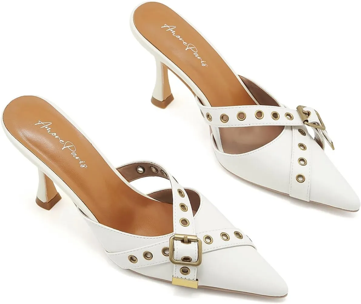 Black Kitten Heels for Women Pointed Toe Leather Buckled Strap Vintage Heel Mules Studded Dressy Stiletto Heels Pumps Slip on Heeled Sandals