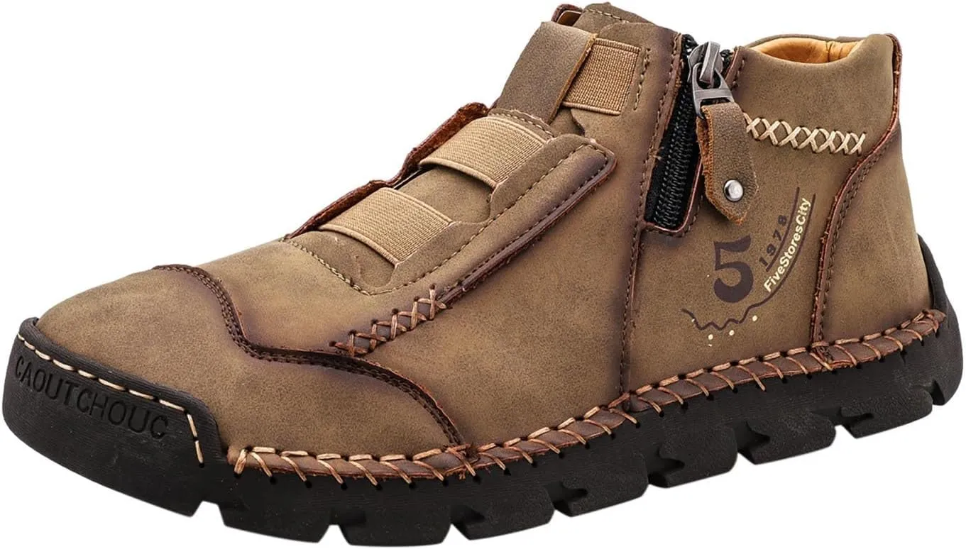 Black Leather Shoes for Men Fashion Chukka Boots Lace up Slip On Lightweight Loafers Hiking Workout