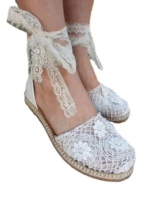 Boho Ivory Lace Flat Wedding Shoes for Women, White, Lace-Up Design (8 US)