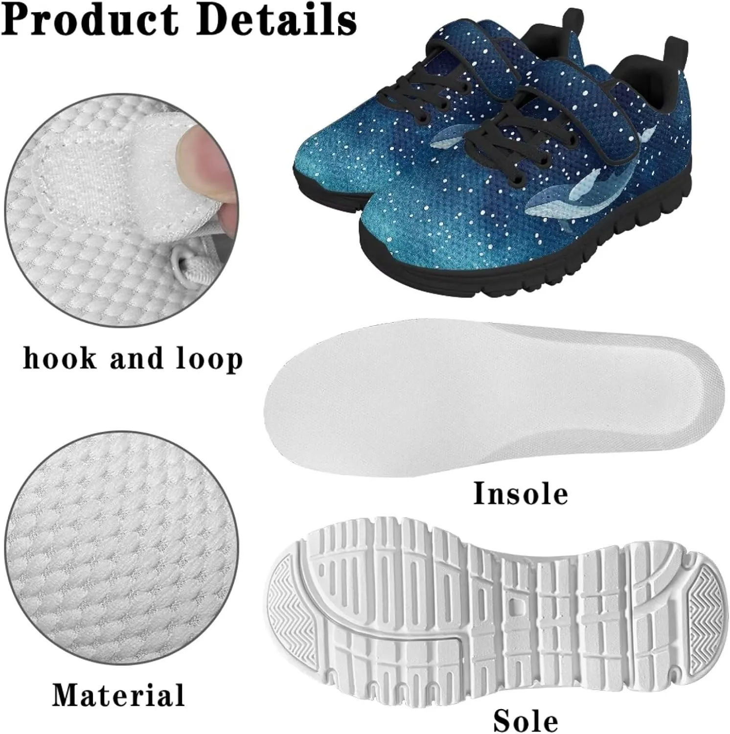 Boy Girl Shark Running Sneakers Adjustable Hook and Loop Walking Shoes Sports Tennis Sneaker