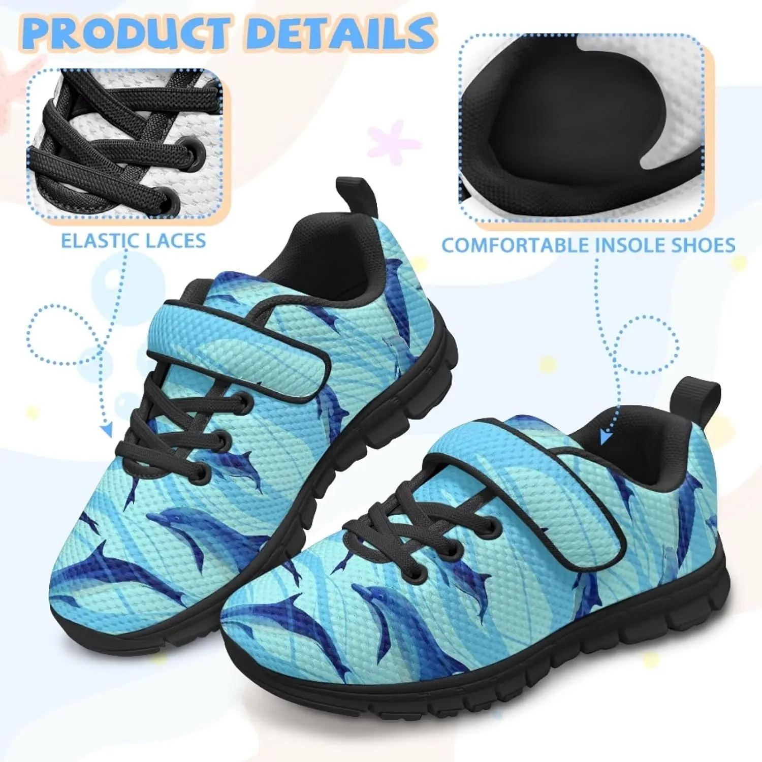 Boy Girl Shark Running Sneakers Adjustable Hook and Loop Walking Shoes Sports Tennis Sneaker