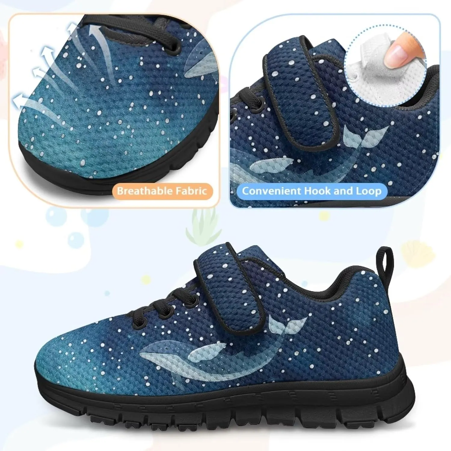 Boy Girl Shark Running Sneakers Adjustable Hook and Loop Walking Shoes Sports Tennis Sneaker