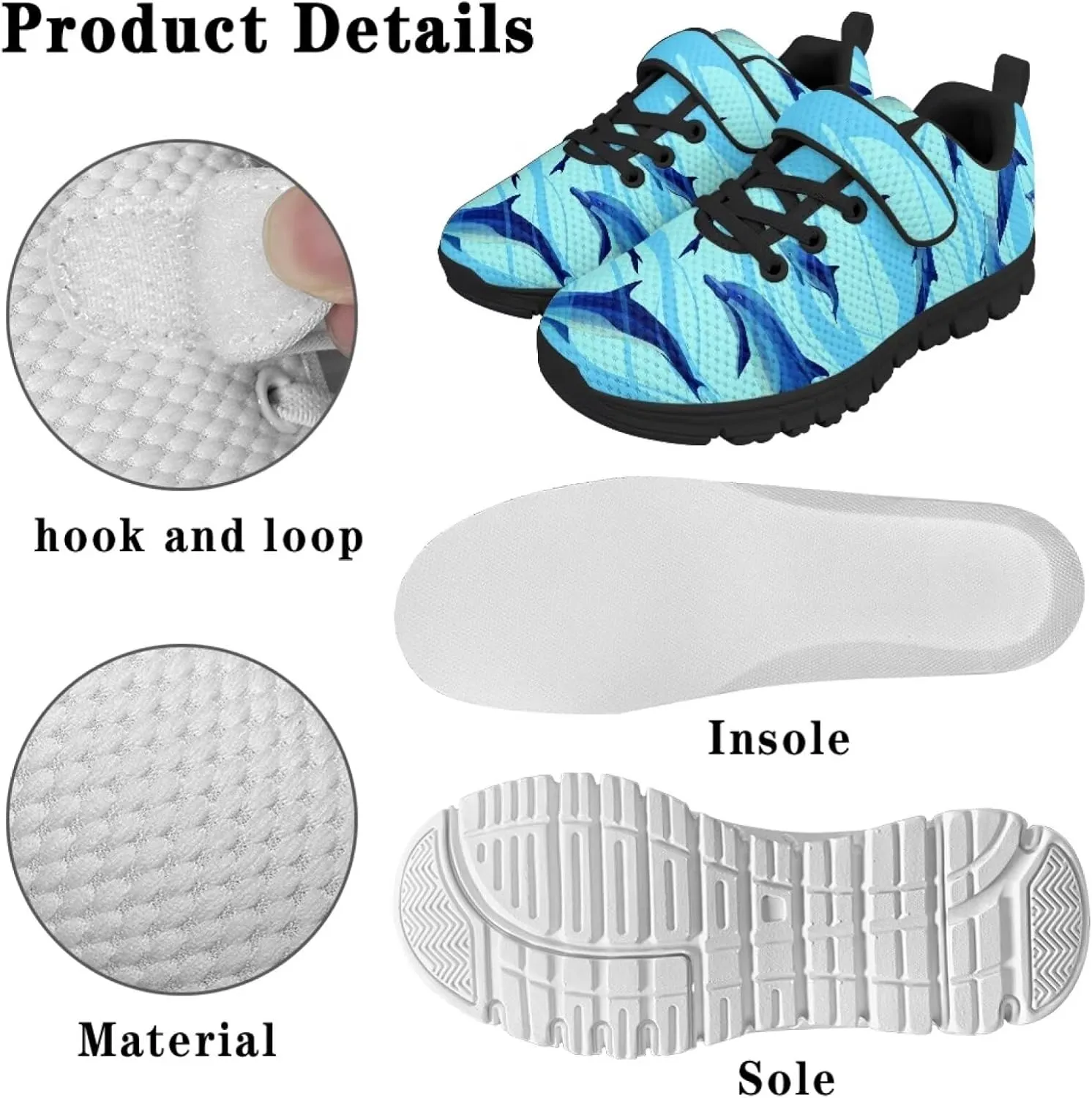 Boy Girl Shark Running Sneakers Adjustable Hook and Loop Walking Shoes Sports Tennis Sneaker