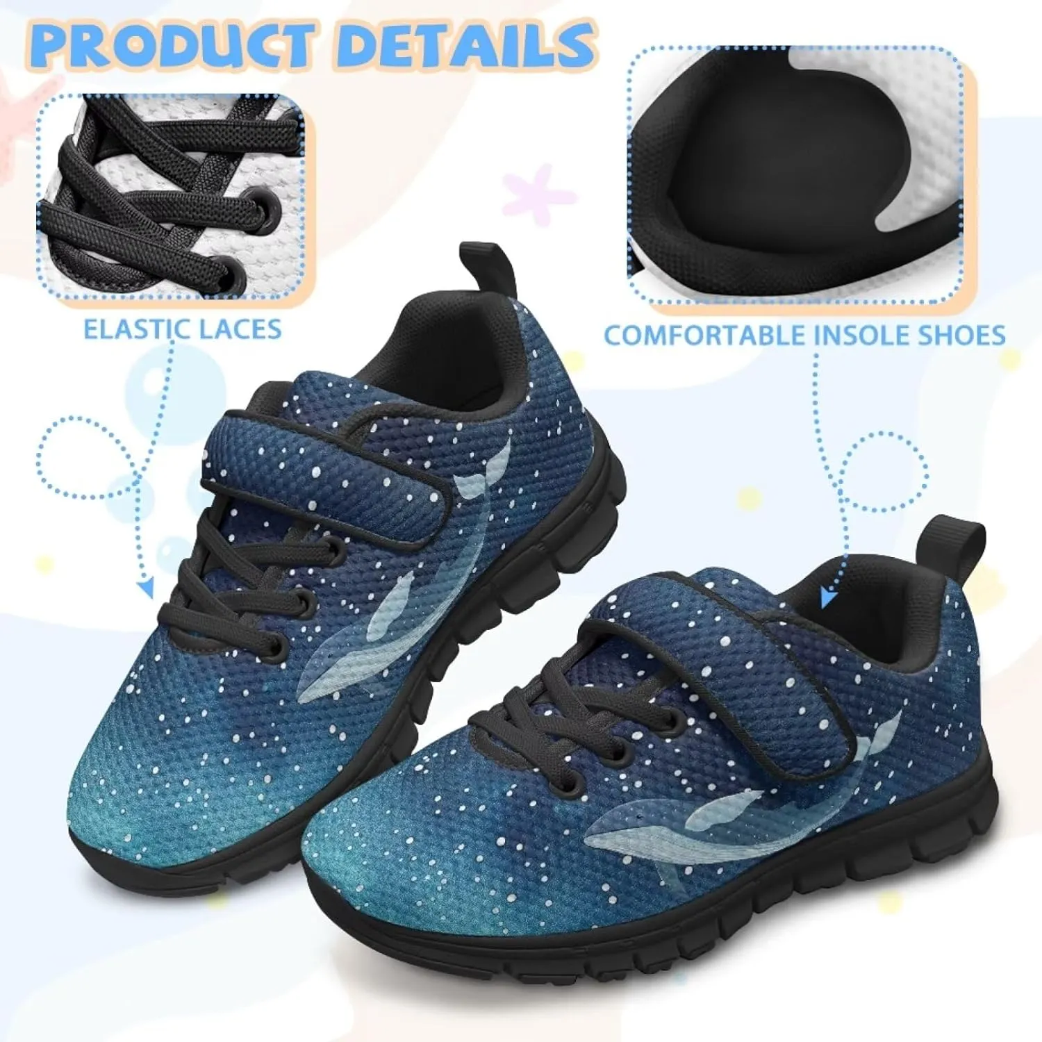 Boy Girl Shark Running Sneakers Adjustable Hook and Loop Walking Shoes Sports Tennis Sneaker