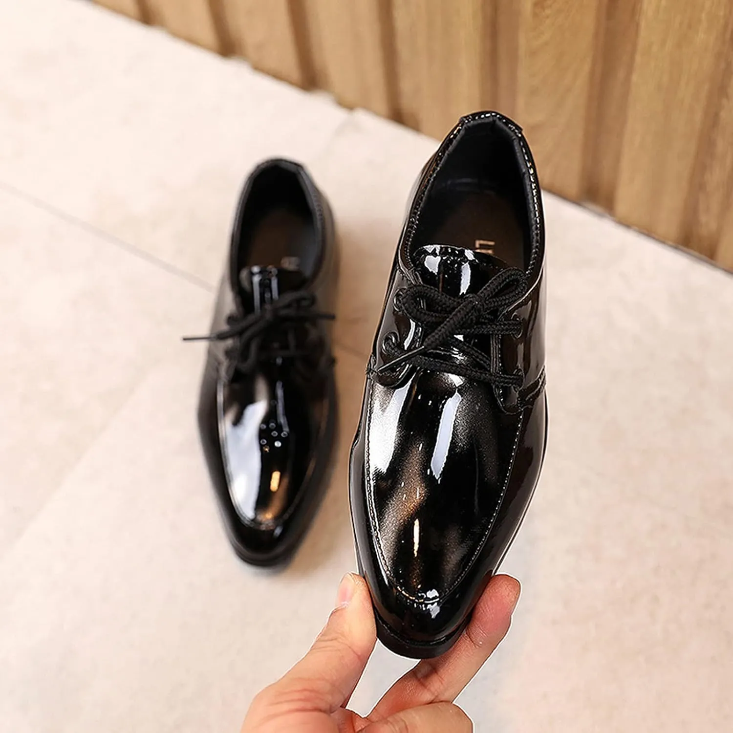 Boy's Classic Oxfords Dress Shoes Pointed Toe Patent Formal Dress Shoes Lace Up Wedding Prom Footwear for Kids